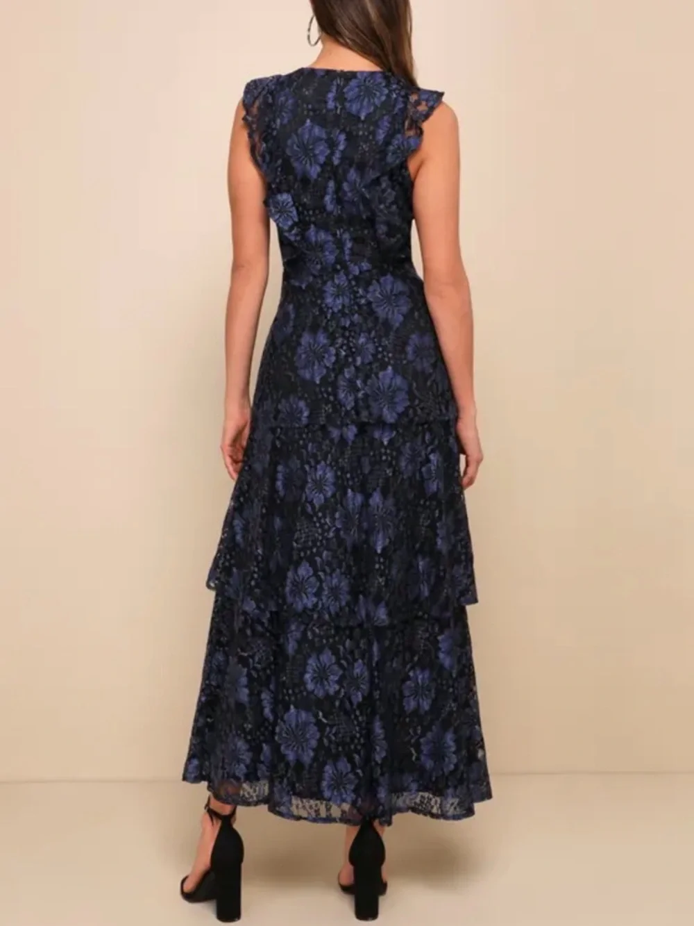 Lulus Molinetto Navy Blue Lace Ruffled Tiered Sleeveless Maxi Dress - Picture 2 of 7